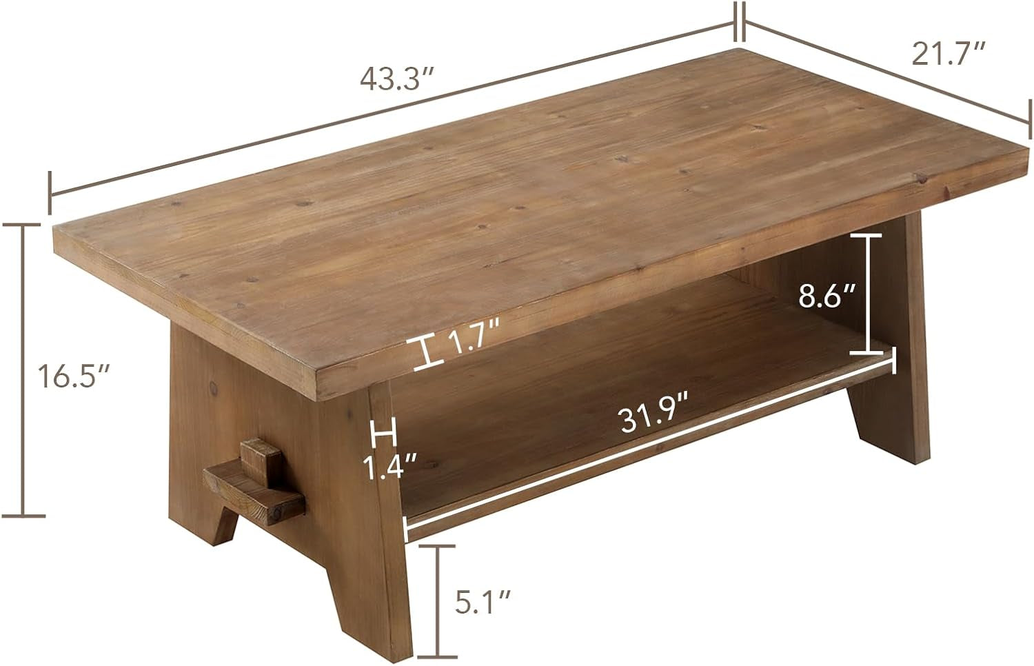 Farmhouse Wood Coffee Table - 43.4” Mid Century Modern Wooden Coffee Tables for Living Room, Solid Firwood Tabletop Rectangle Coffee Table, Center Table for Living Room, Brown