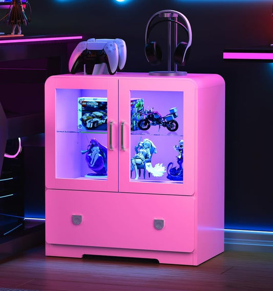 Pink Display Cabinet with Acrylic Doors, 27'' Tall Curio Cabinet with LED Lights, Modern Storage Cabinet with Drawers & Adjustable Shelves, Ideal for Living Room, Child'S Room