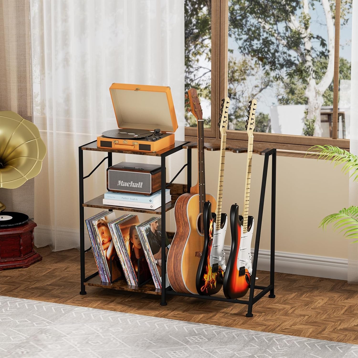 Record Player Stand, 3 Tier Guitar Stand for Acoustic, Electric Guitar, Bass Stand, Vinyl Record Storage up to 200 Albums, Brown Records Shelf for Living Room Bedroom (Rustic Brown)