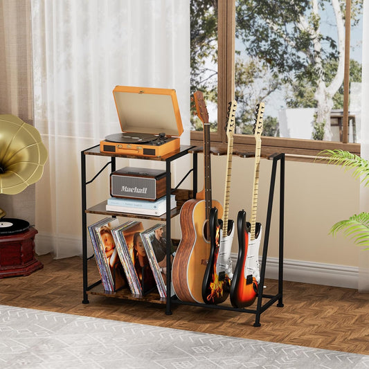 Record Player Stand, 3 Tier Guitar Stand for Acoustic, Electric Guitar, Bass Stand, Vinyl Record Storage up to 200 Albums, Brown Records Shelf for Living Room Bedroom (Rustic Brown)