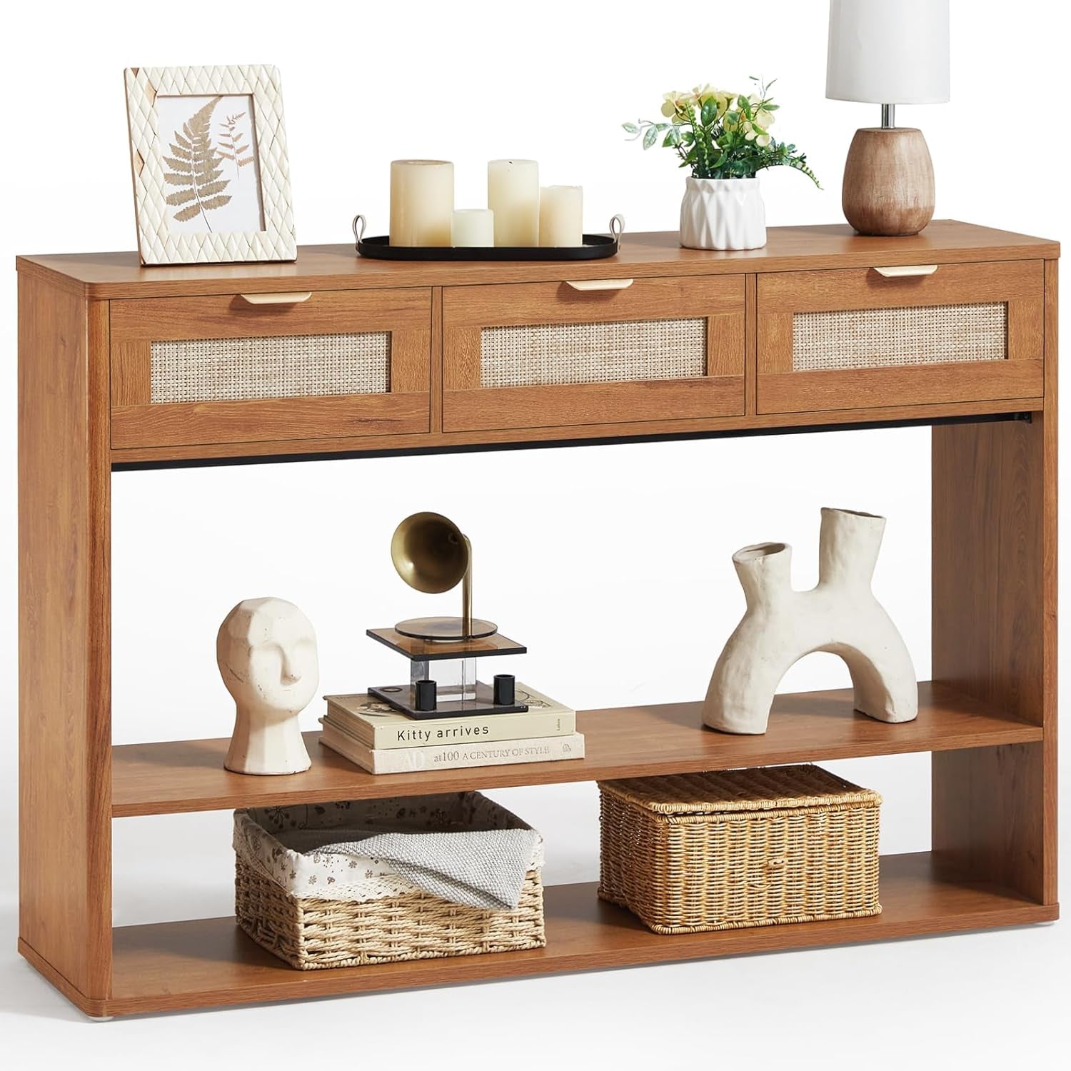 48" Boho Rattan Console Table with 3 Drawers, 3 Tier Wooden Entryway Table with Open Storage Shelf, Narrow Long behind Couch Sofa Tables for Living Room, Hallway, Entrance, Brown