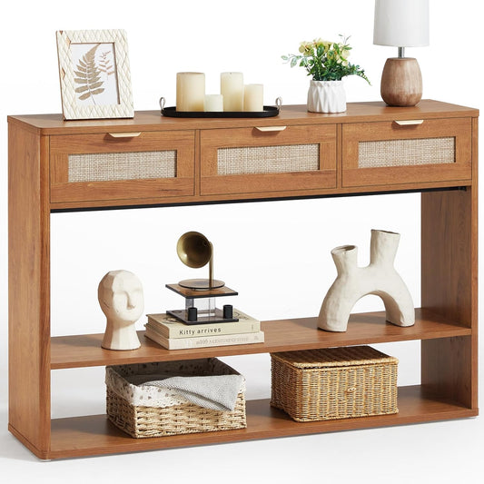 48" Boho Rattan Console Table with 3 Drawers, 3 Tier Wooden Entryway Table with Open Storage Shelf, Narrow Long behind Couch Sofa Tables for Living Room, Hallway, Entrance, Brown