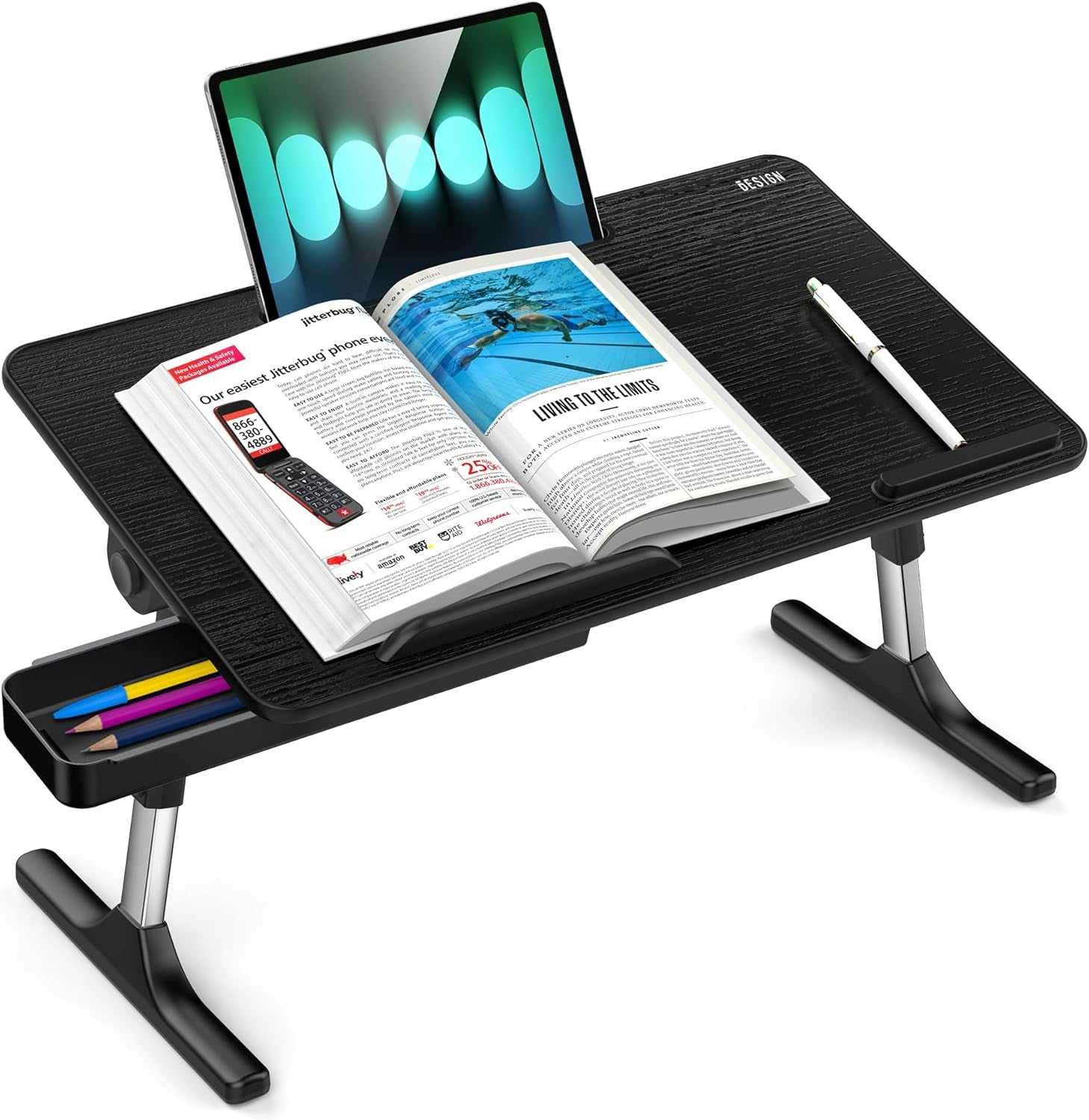 LT05 Adjustable Laptop Table, Lap Desk, Portable Standing Bed Desk, Foldable Sofa Breakfast Tray, Notebook Computer Stand for Reading and Writing, Medium Size, Black
