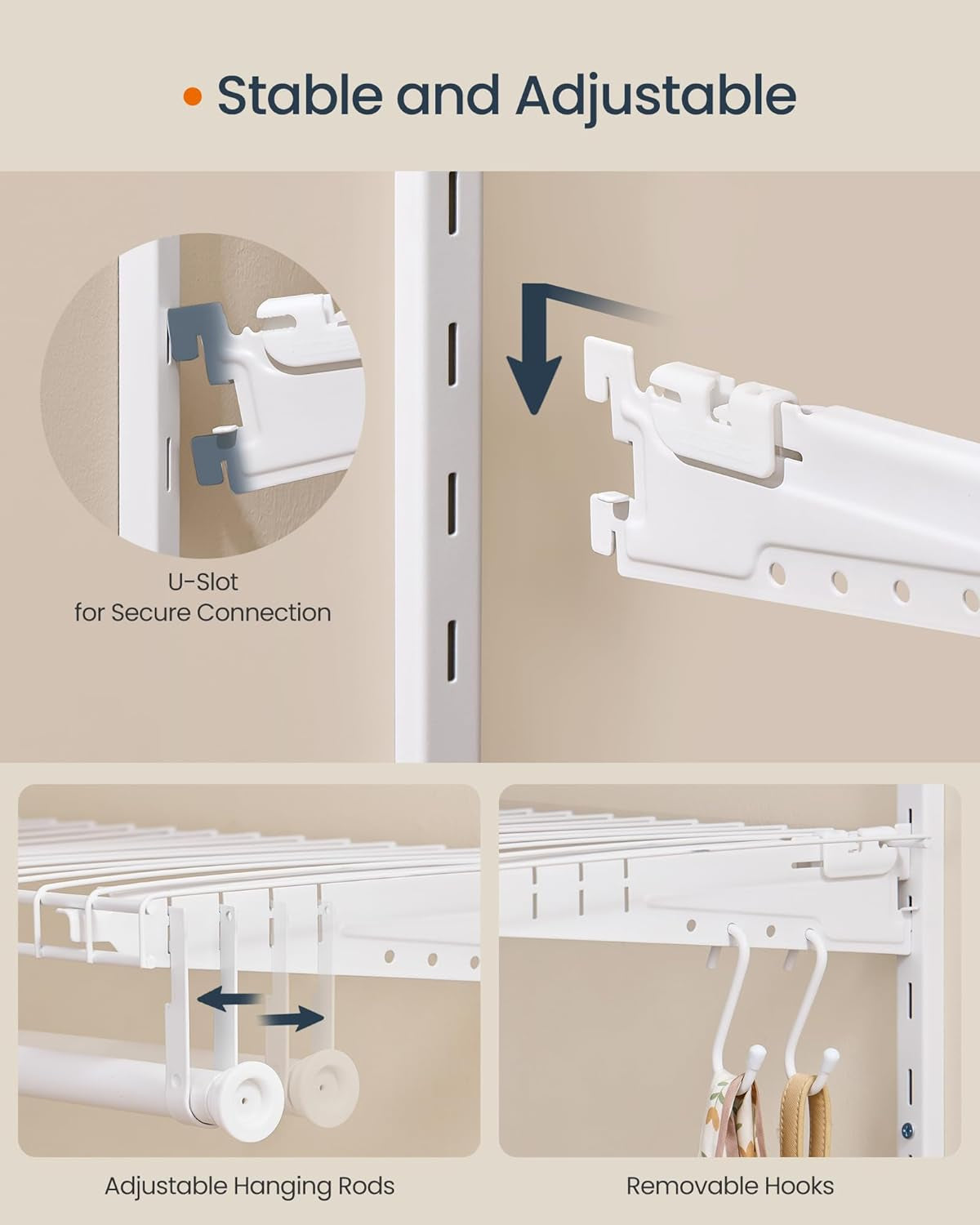 Closet System, Closet Insert Organizer, 4-6 Ft, Adjustable Metal Shelving Unit with 4 Hanging Rods, 4 Shelves, and Hooks, for Pantry Mudroom Garage Basement, Cloud White URGR031W01