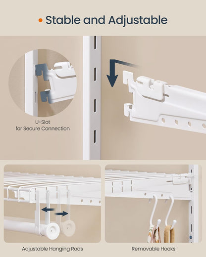 Closet System, Closet Insert Organizer, 4-6 Ft, Adjustable Metal Shelving Unit with 4 Hanging Rods, 4 Shelves, and Hooks, for Pantry Mudroom Garage Basement, Cloud White URGR031W01