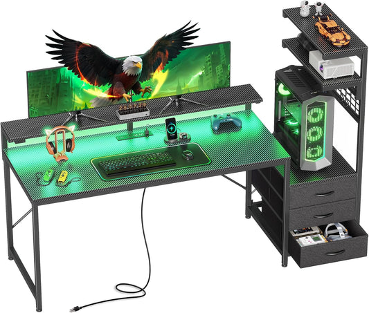 61.7" Gaming Desk with LED Lights & Outlets, Computer Desk with 3 Fabric Drawers, PC Desk with PC Case Stand & Movable Storage Shelves, Monitor Stand, Reversible, Carbon Fiber Black