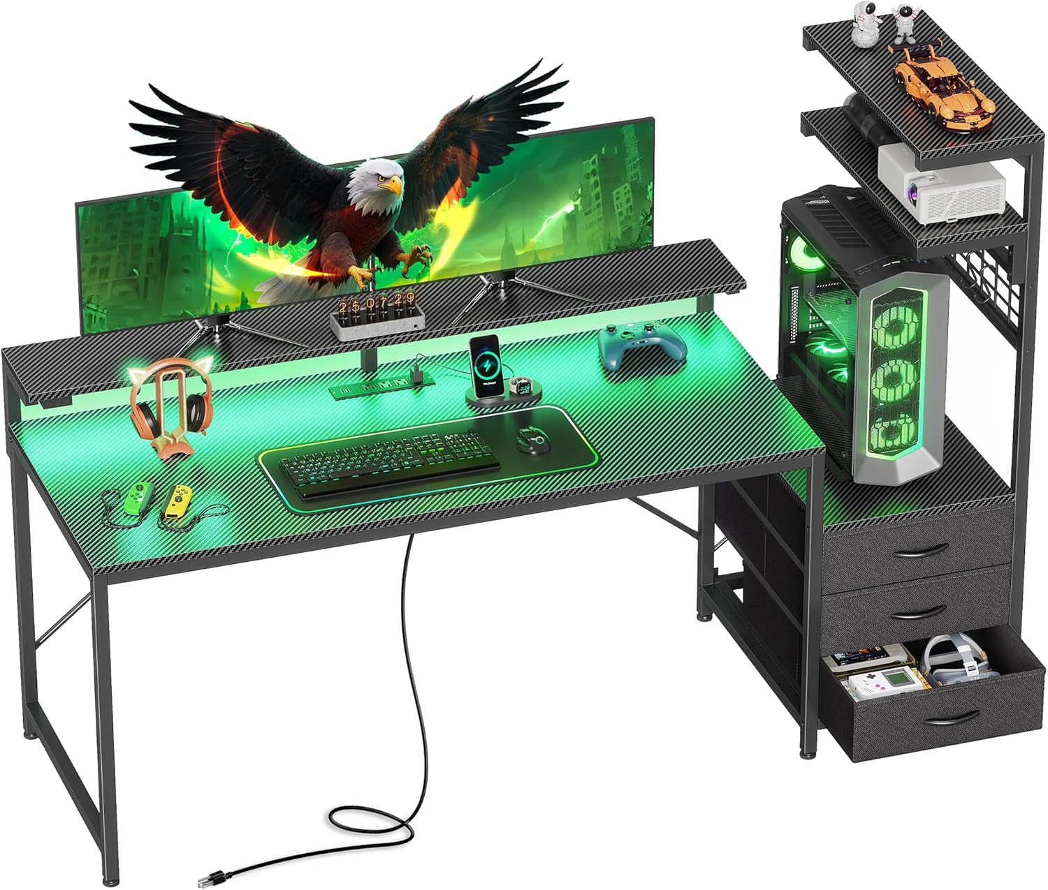 61.7" Gaming Desk with LED Lights & Outlets, Computer Desk with 3 Fabric Drawers, PC Desk with PC Case Stand & Movable Storage Shelves, Monitor Stand, Reversible, Carbon Fiber Black