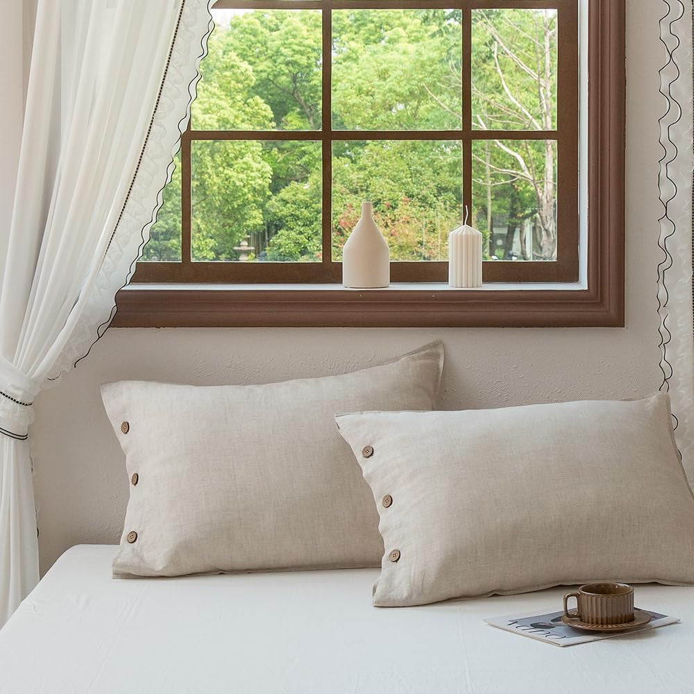100% Linen Pillowcases Set of 2, French Linen from Normandy, 20X36Inch Standard Size, Natural Color, Coconut Buttons Closure, Flax Pillowshams-Pillowcase-Linen