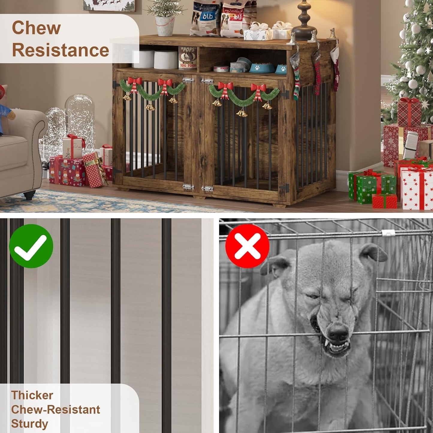 Furniture Dog Crate for 2 Dogs, 41 Inch Dog Kennel Furniture with Removable Divider and Shelf Storage, Wooden Dog Crate for Small/Medium Dogs, Grey