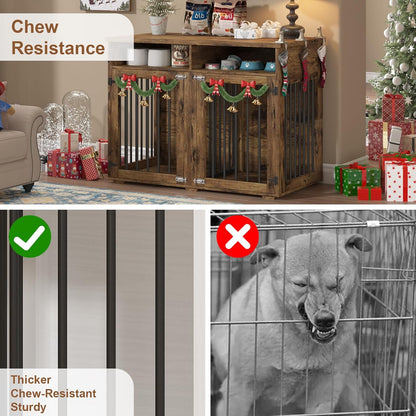 Furniture Dog Crate for 2 Dogs, 41 Inch Dog Kennel Furniture with Removable Divider and Shelf Storage, Wooden Dog Crate for Small/Medium Dogs, Grey