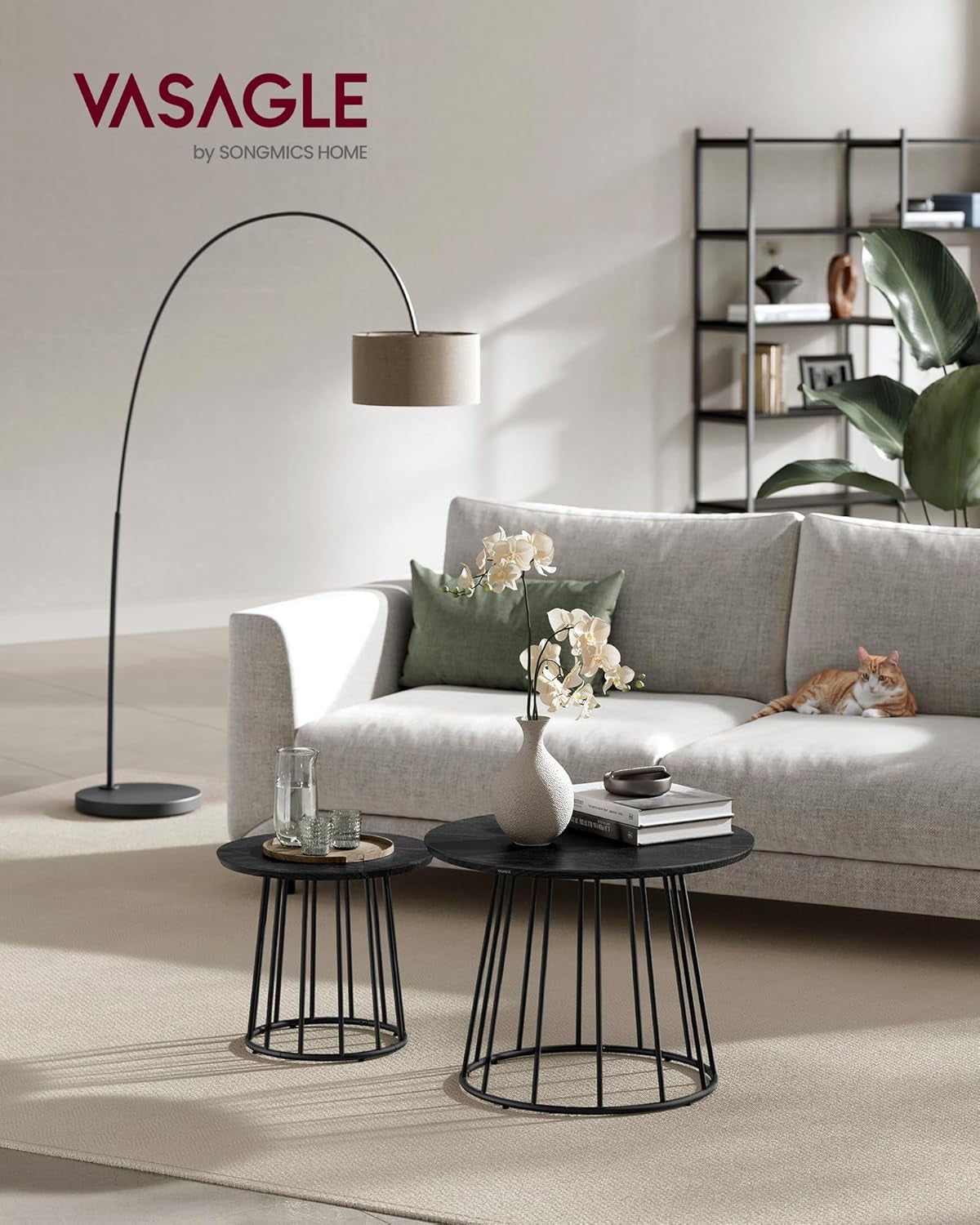 round Coffee Tables, Set of 2, Modern Circle Side Tables with Steel Frame, for Living Room, Bedroom, Ebony Black ULCT045B56