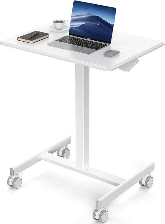 Small Standing Desk Mobile Portable Rolling Laptop PC Table on Wheels Adjustable Height Computer Workstation for Home Office, 19 Inch, Modern White