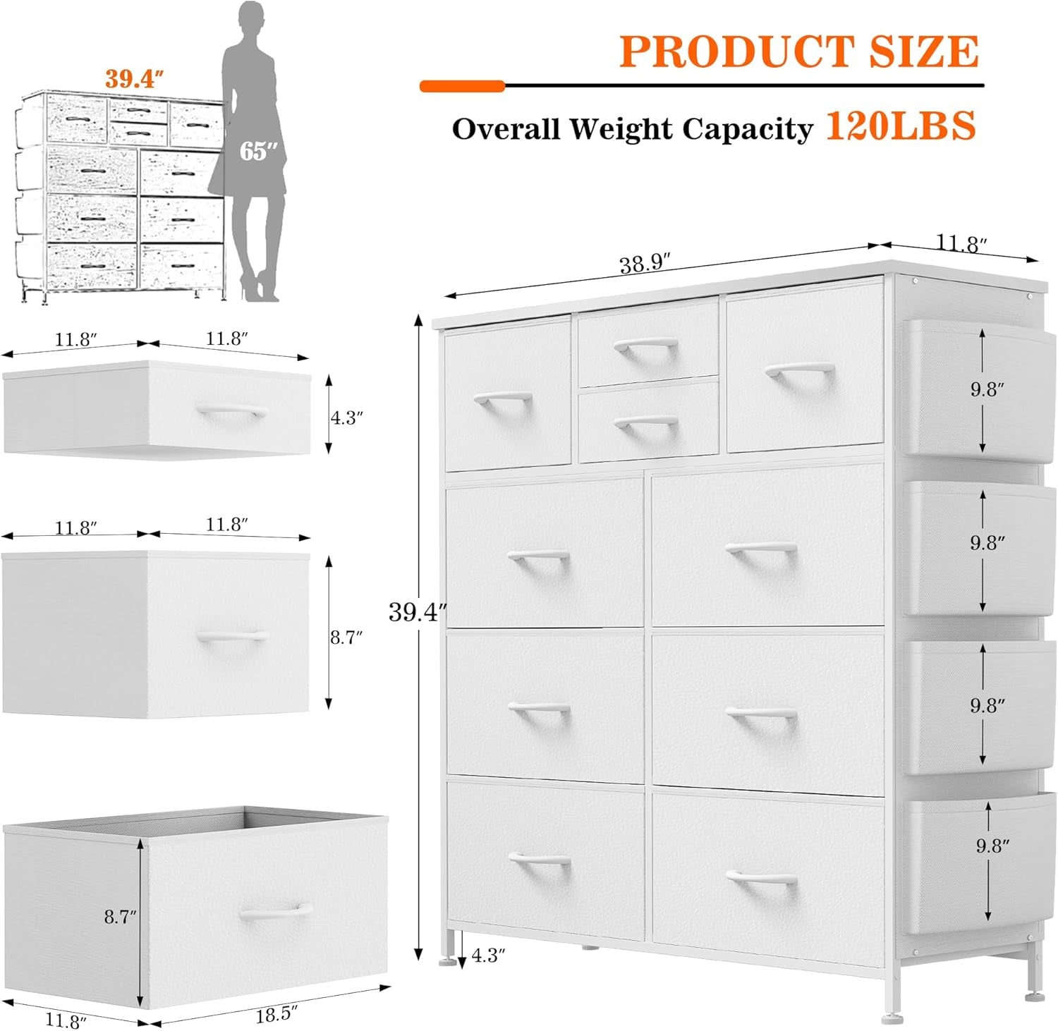 White Dresser for Bedroom with 10 Drawers, Chest of Drawers with Side Pockets and Hooks, PU Storage Dresser, Organizer Unit for Living Room, Hallway, Closet (White)
