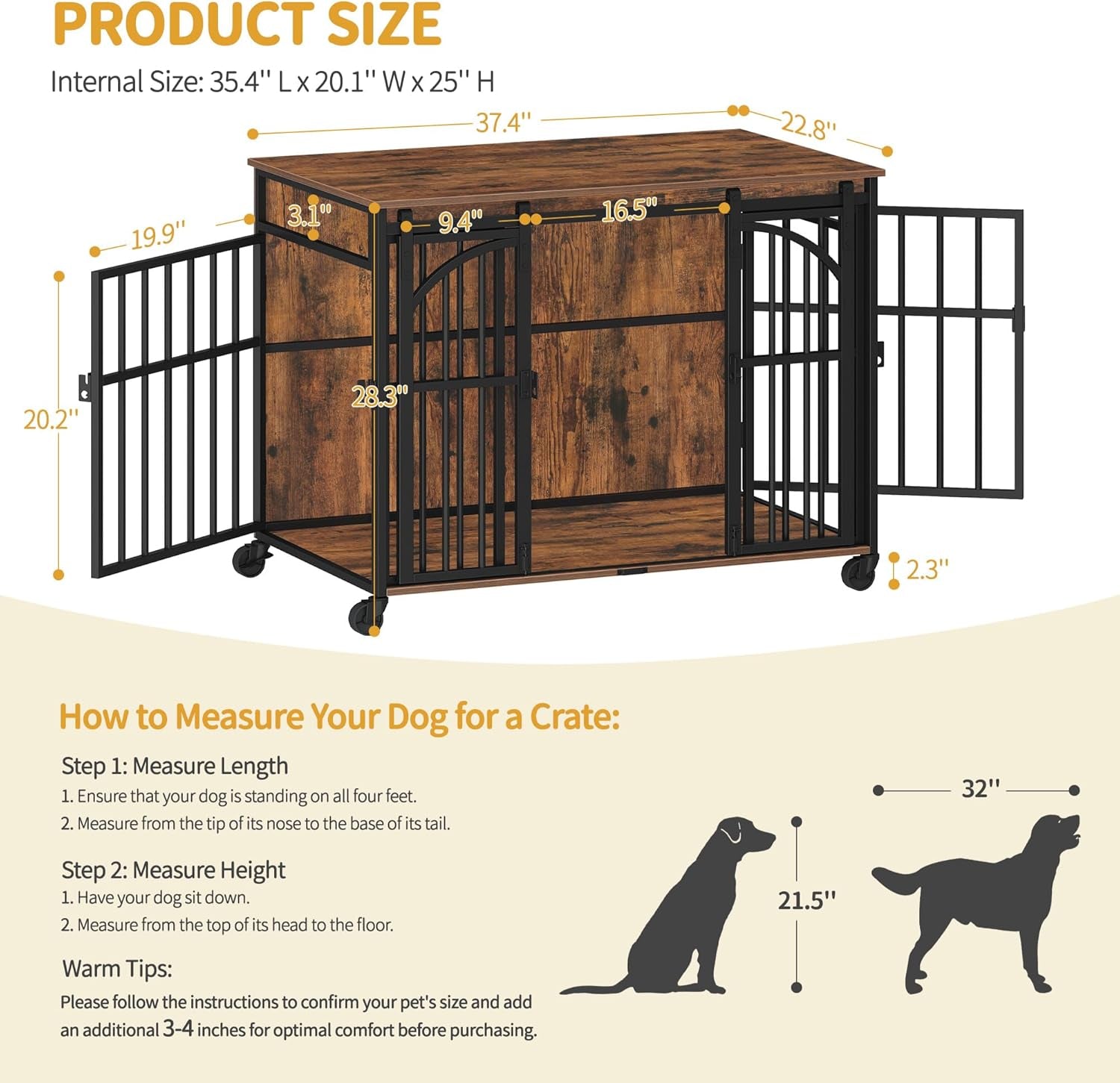 37.4" Dog Crate Furniture with Wheels, Wooden Pet Cage Indoor with Barn Door, L Dog Kennel Heavy Duty, Decorative Pet Crate for Small/Medium Dogs, End Table TV Stand, Rustic Brown DFC86201B