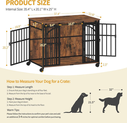 37.4" Dog Crate Furniture with Wheels, Wooden Pet Cage Indoor with Barn Door, L Dog Kennel Heavy Duty, Decorative Pet Crate for Small/Medium Dogs, End Table TV Stand, Rustic Brown DFC86201B