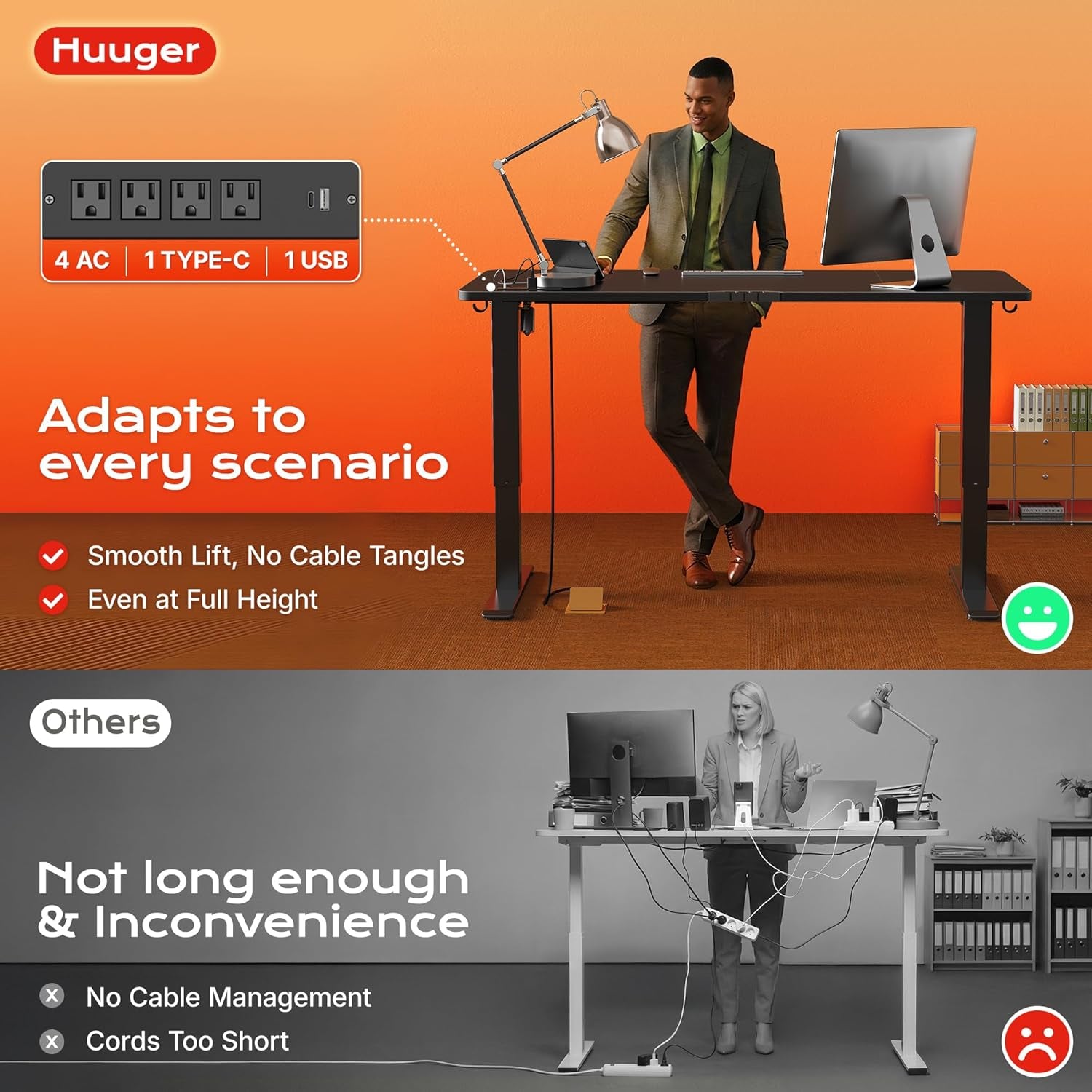 Electric Standing Desk with Power Outlets and USB-C Port, 47 X 24 Inch Height Adjustable Desk, Sit Stand Desk for Home Office, Computer & Gaming Desk with 4 Presets, Stable Steel Frame, Black