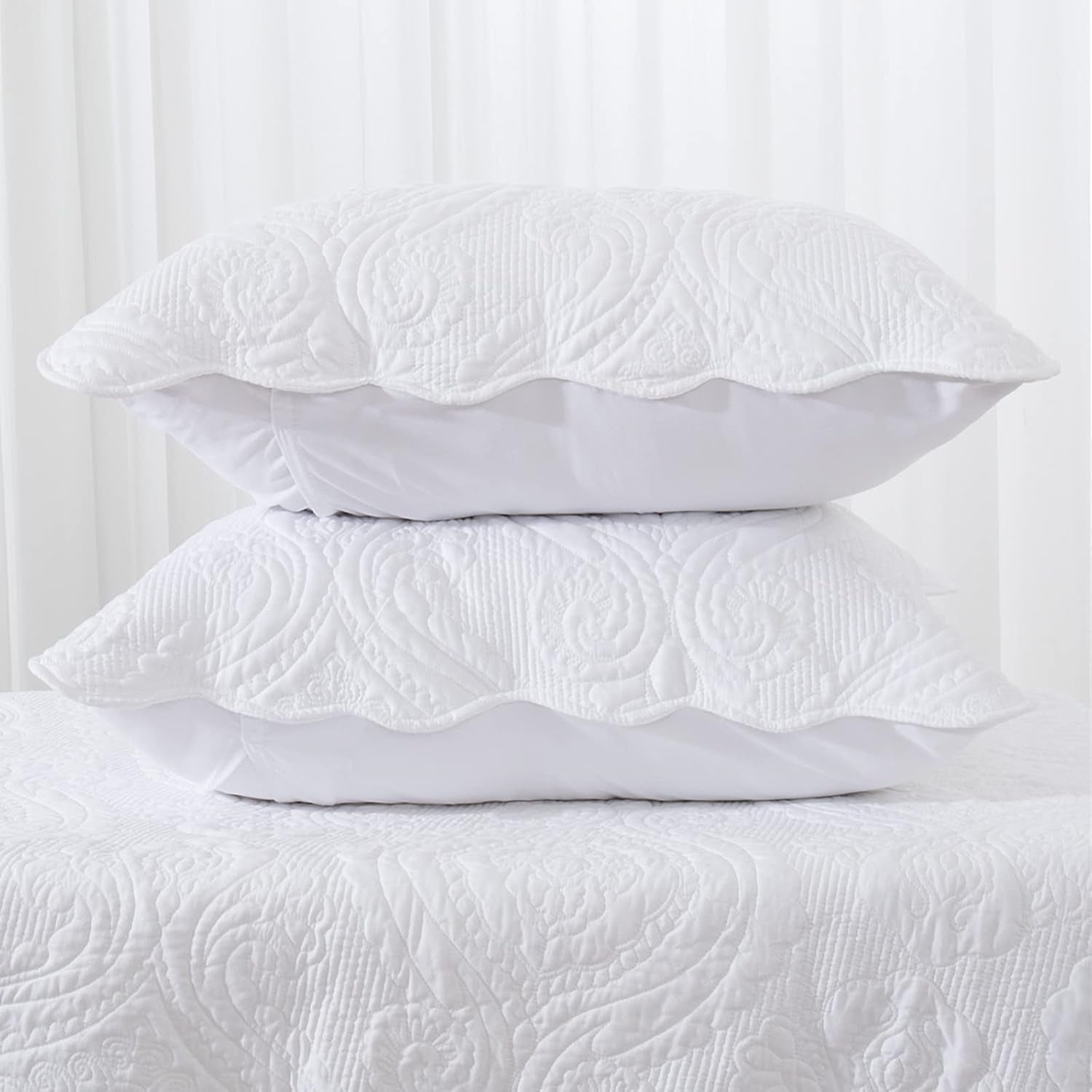 Quilted Pillow Shams Set of 2, Decorative Microfiber King Bed Pillow Shams, Soft Breathable Pillow Covers with Envelope Closure (White, 2Pcs:20 X 36Inch)
