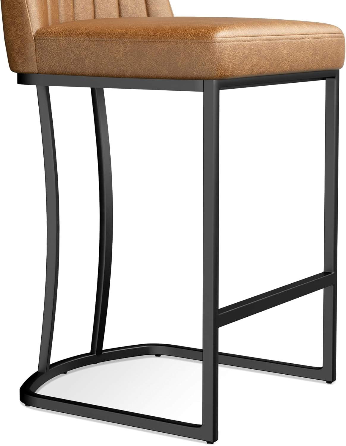 Counter Height Bar Stools Set of 2, Upholstered Leather Barrel Barstools with Back and Metal Legs for Kitchen Island, 27.4" Seat Height, Fabric in Faux Leather, Rustic Brown