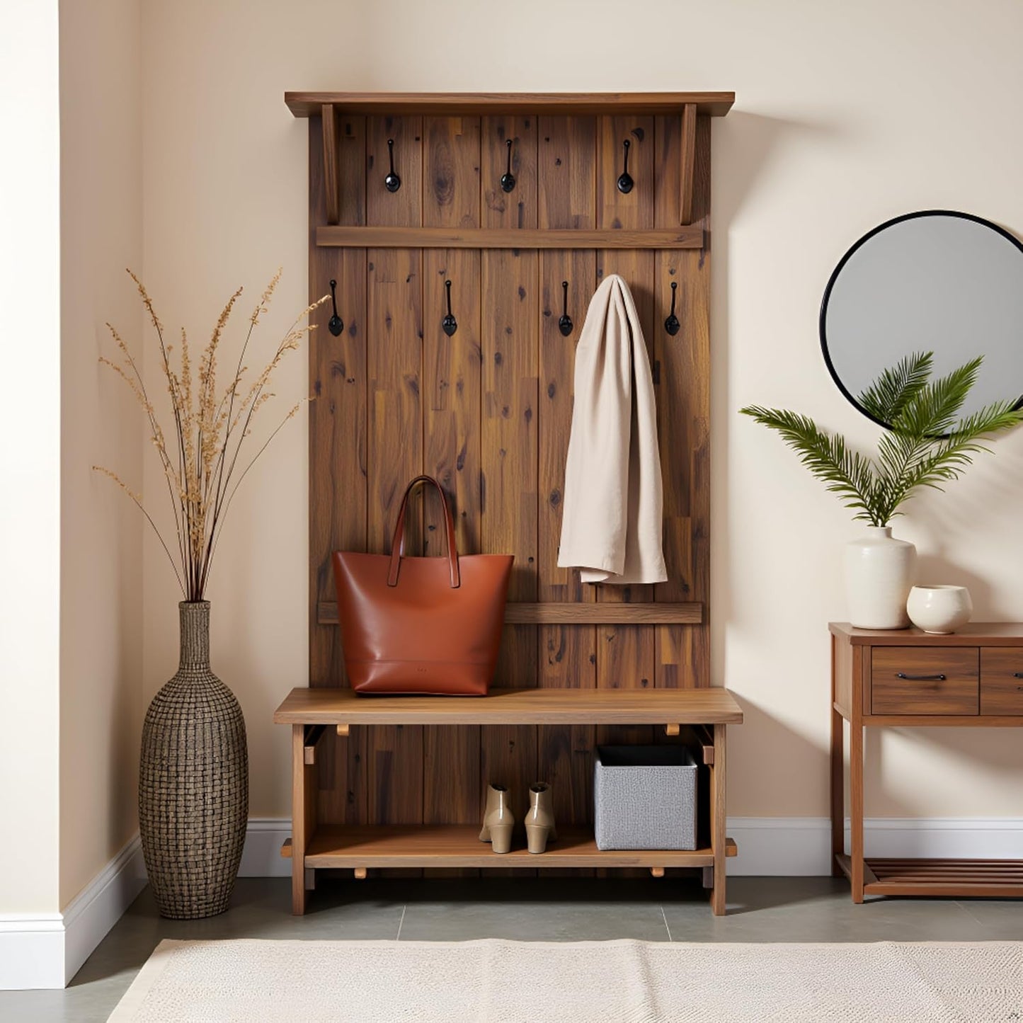 Bethel 70-Inch Acacia Wood Hall Tree with Bench, Storage Shelves & Metal Coat Hooks – Entryway Organizer for Mudroom, Hallway, or Kitchen (Natural Aged Brown Finish)