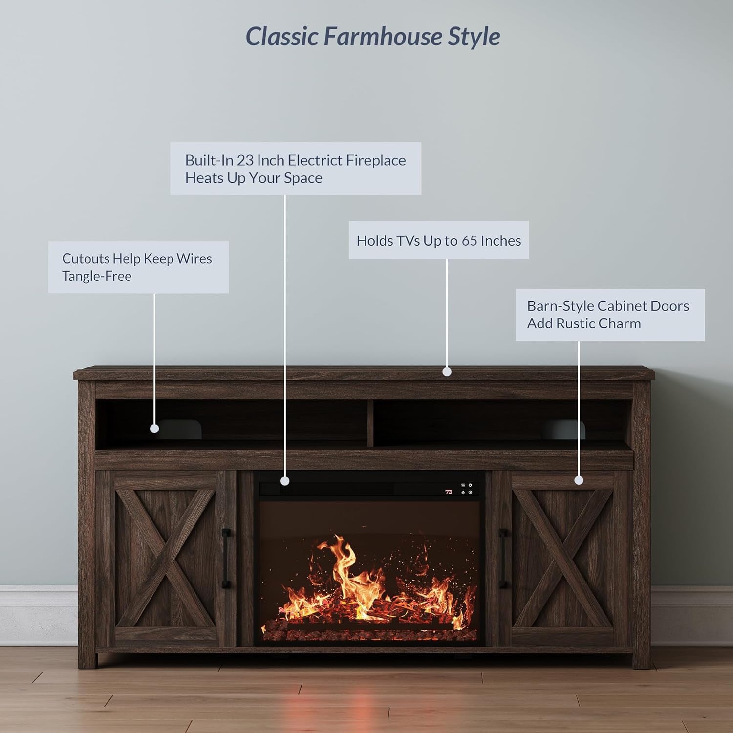 Barn Door Wood Electric Fireplace TV Stand for Tvs up to 65 Inches Open Shelves and Cabinets Media Entertainment Center Console Table - Corin (Dark Walnut)