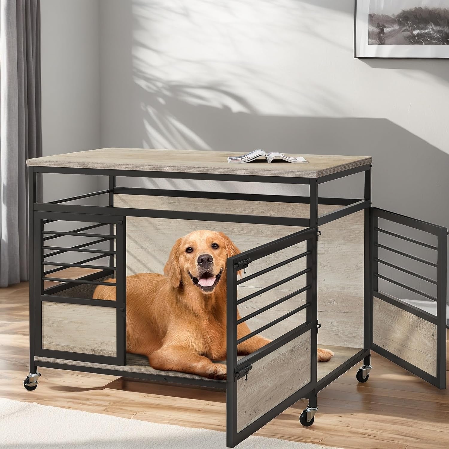 32" Dog Crate Furniture with Wheels, Farmhouse Decorative Wood Dog Cage End Table Chew-Resistant Wooden Dog Kennel Indoor for Small Dogs, Rustic Brown
