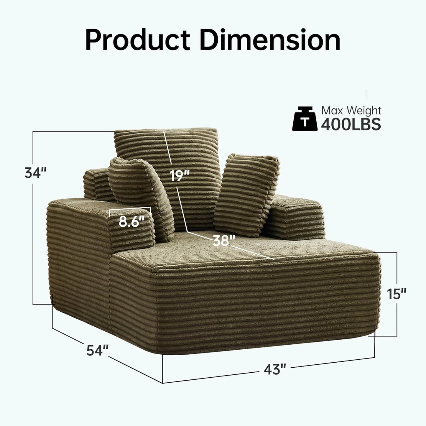 43"W Chaise Lounge Sofa Chair Indoor, Small Boneless Couches for Small Spaces, Fluffy Comfy Cloud Sofa in a Box, Compression Foam Sleeper Sofa for Living Room&Apartment, Plush Corduroy (Green)