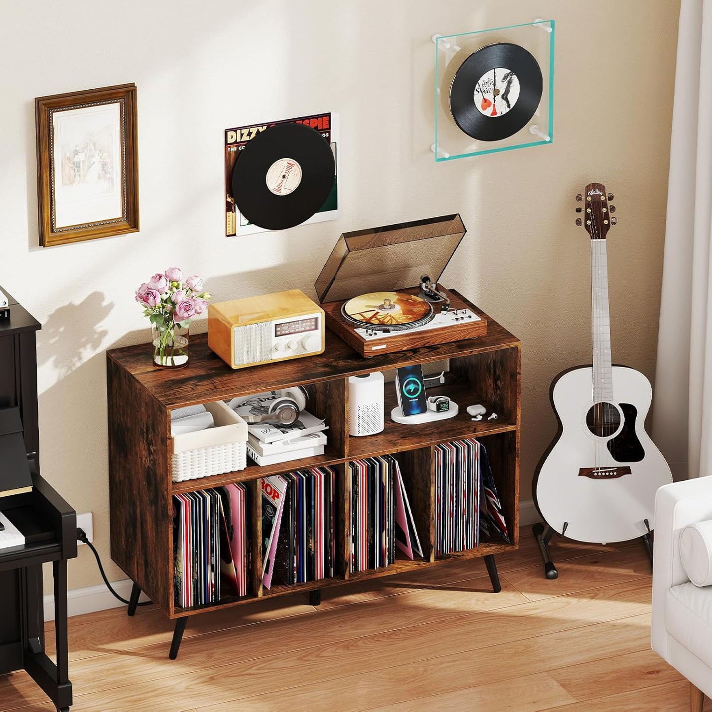 Large Record Player Stand with Charging Station, Turntable Stand Holds up to 450 Albums, Record Player Table with Raised Leg, Vinyl Record Storage for Living Room (Rustic Brown)