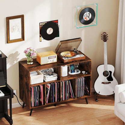 Large Record Player Stand with Charging Station, Turntable Stand Holds up to 450 Albums, Record Player Table with Raised Leg, Vinyl Record Storage for Living Room (Rustic Brown)