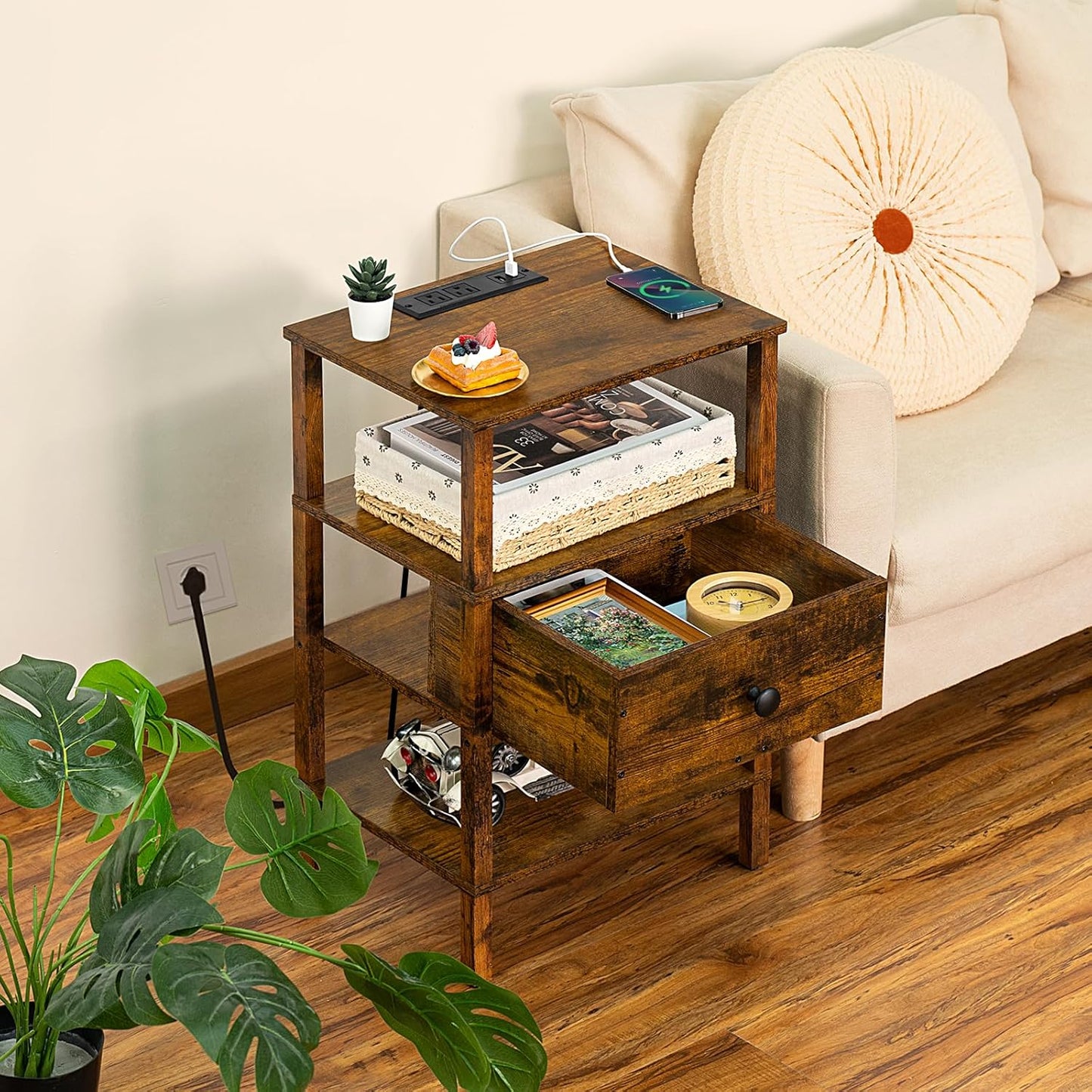Nightstand with Charging Station and USB Ports, 3-Tier Storage End Table with Drawer Shelf, Night Stand for Small Spaces, Wood Bedside Table for Living Room, Bedroom - Retro Brown…