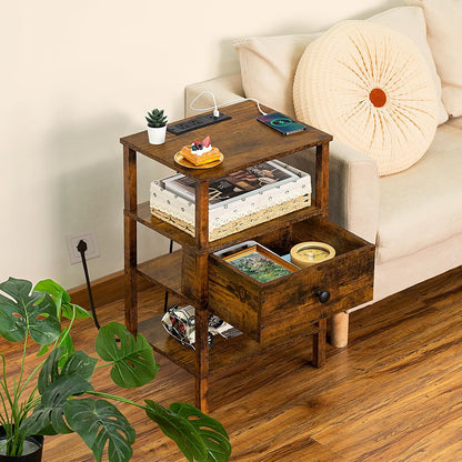 Nightstand with Charging Station and USB Ports, 3-Tier Storage End Table with Drawer Shelf, Night Stand for Small Spaces, Wood Bedside Table for Living Room, Bedroom - Retro Brown…