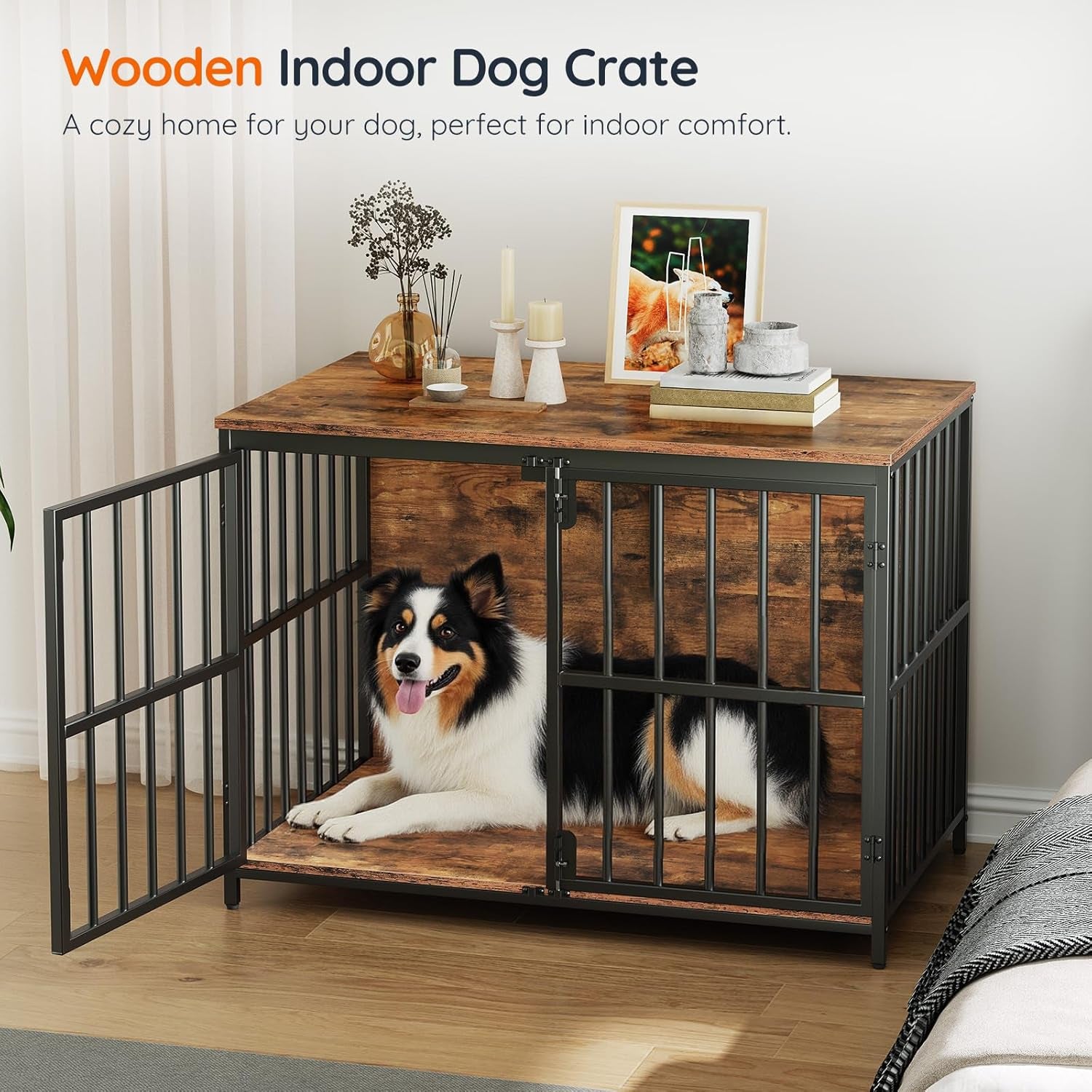 46.5" Large Dog Crate Furniture, Wooden Dog Kennel Indoor, Heavy Duty Dog Cage for Large/Medium Dog, Decorative Side End Table, Rustic Brown and Black BF120GW03
