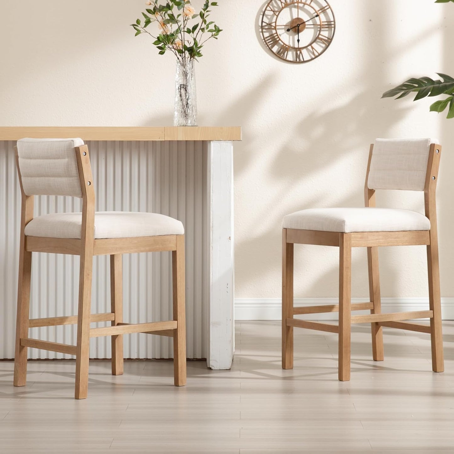 26" Bar Stools Set of 2 Counter Height Bar Stools for Kitchen Counter, Modern Upholstered Barstools with Back and Wood Legs Linen Stools Farmhouse Island Chairs, Beige