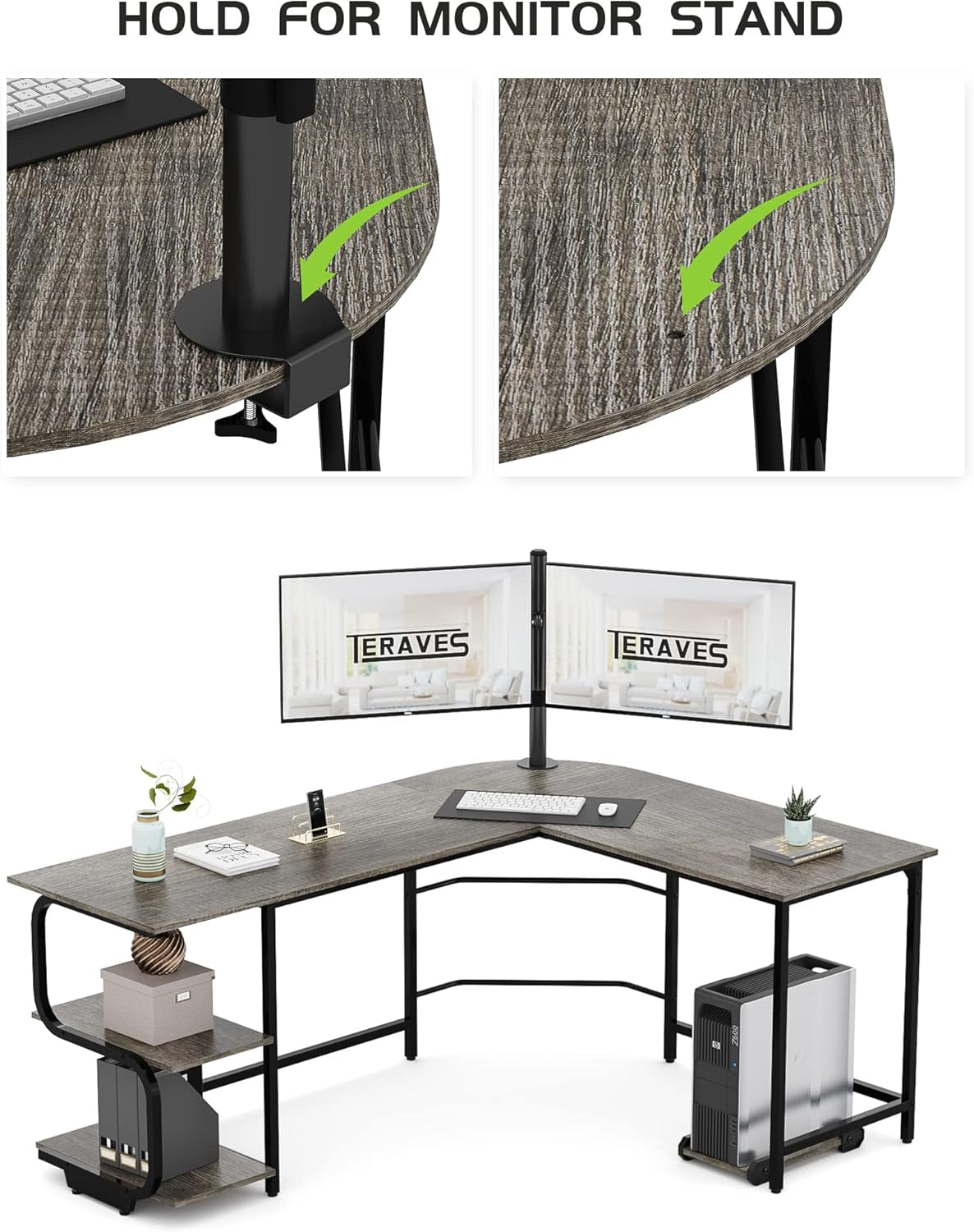 Reversible L Shaped Desk with Large Surface, 61 Inch Sturdy Corner Desk with Storage Shelves, Premium Office Computer Desk Workstation for Home Office Gaming