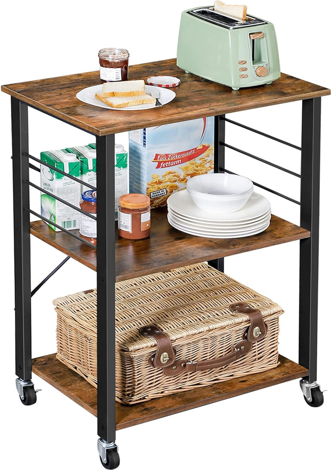 BRYCE Serving Cart, 3-Tier Kitchen Utility Cart on Wheels with Storage, for Living Room, Accent Furniture with Steel Frame, Industrial, Rustic Brown and Black ULRC78X