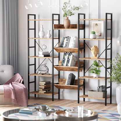 Bookshelf, Bookshelves and Bookcases, Triple Wide 5 Tiers Book Shelf with Baffles, Industrial Bookshelf with Metal Frame for Living Room, Home Office