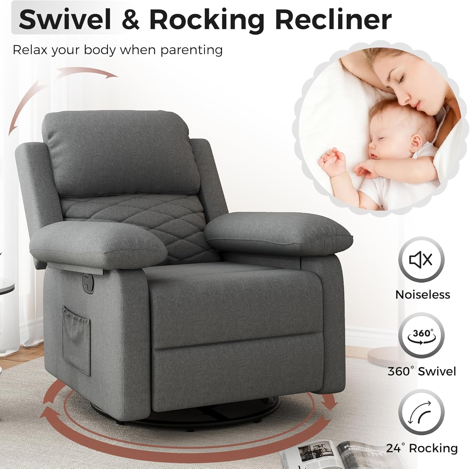 Glider Recliner for Adult Indoor Upholstered Lounge Nursery Chair Swivel Single Sofa with Side Pockets for Living Room Bedroom(Grey)