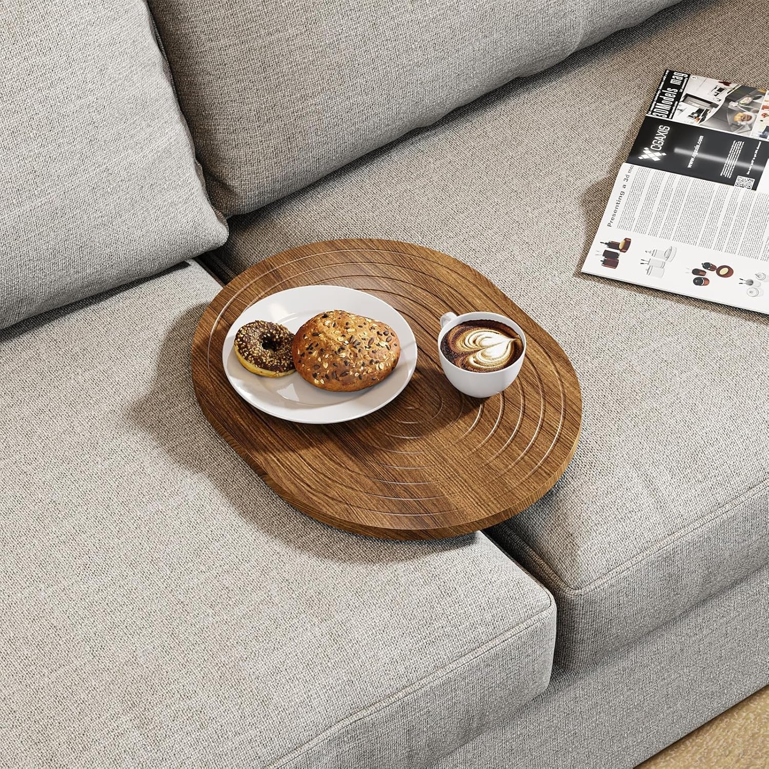 Couch Tray Insert for Middle, 15.75"X12.6" Wood Sofa Tray, Folding Couch Armrest Table Fit Armless Couch/Sectional, for Drink Snacks Phone Remote Holder, Walnut