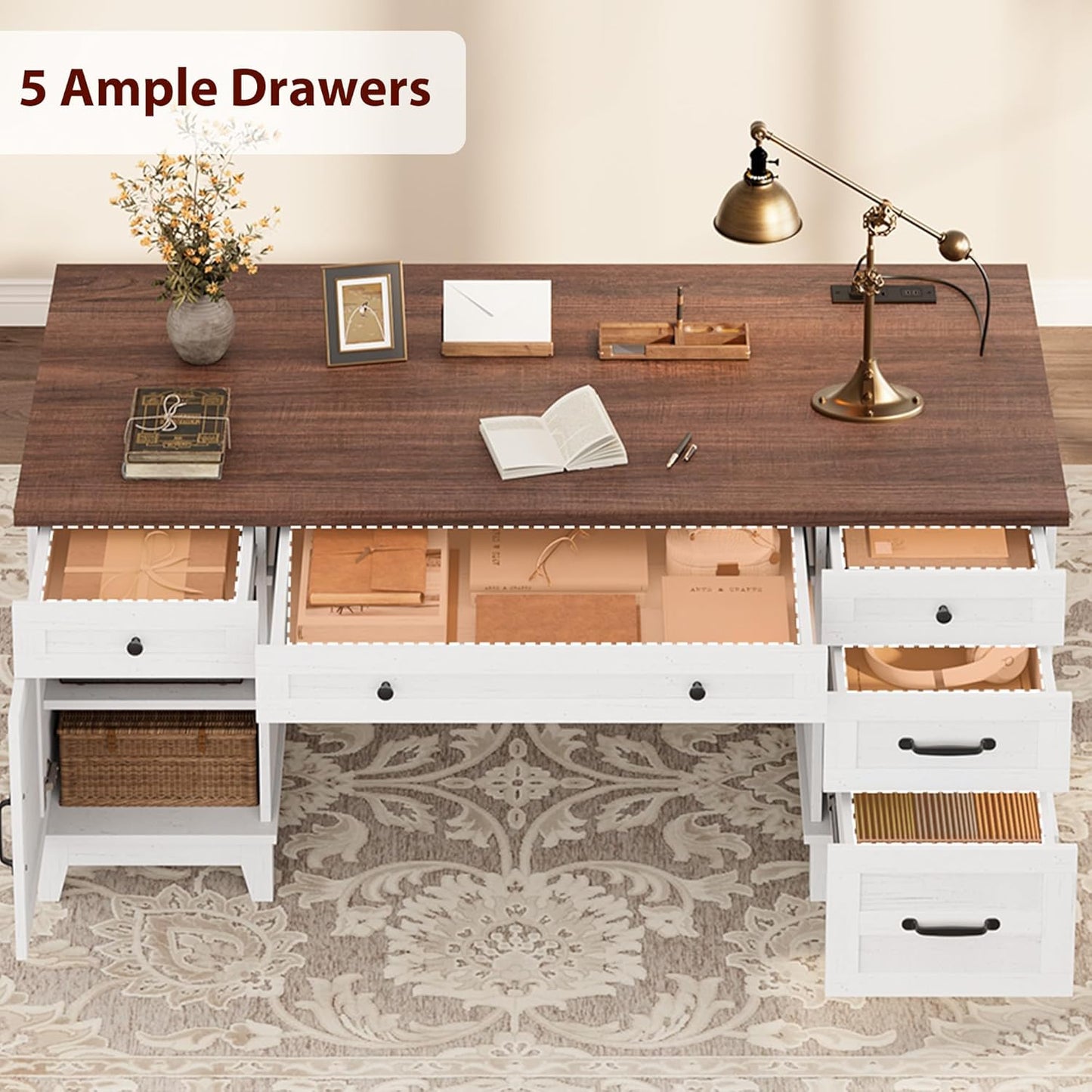 Executive Desk with File Drawers, Farmhouse Home Office Desk with Charging Station, 60 in Wooden Computer Desk with Cabinet Storage for Work Study Writing, White Walunt