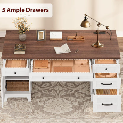 Executive Desk with File Drawers, Farmhouse Home Office Desk with Charging Station, 60 in Wooden Computer Desk with Cabinet Storage for Work Study Writing, White Walunt