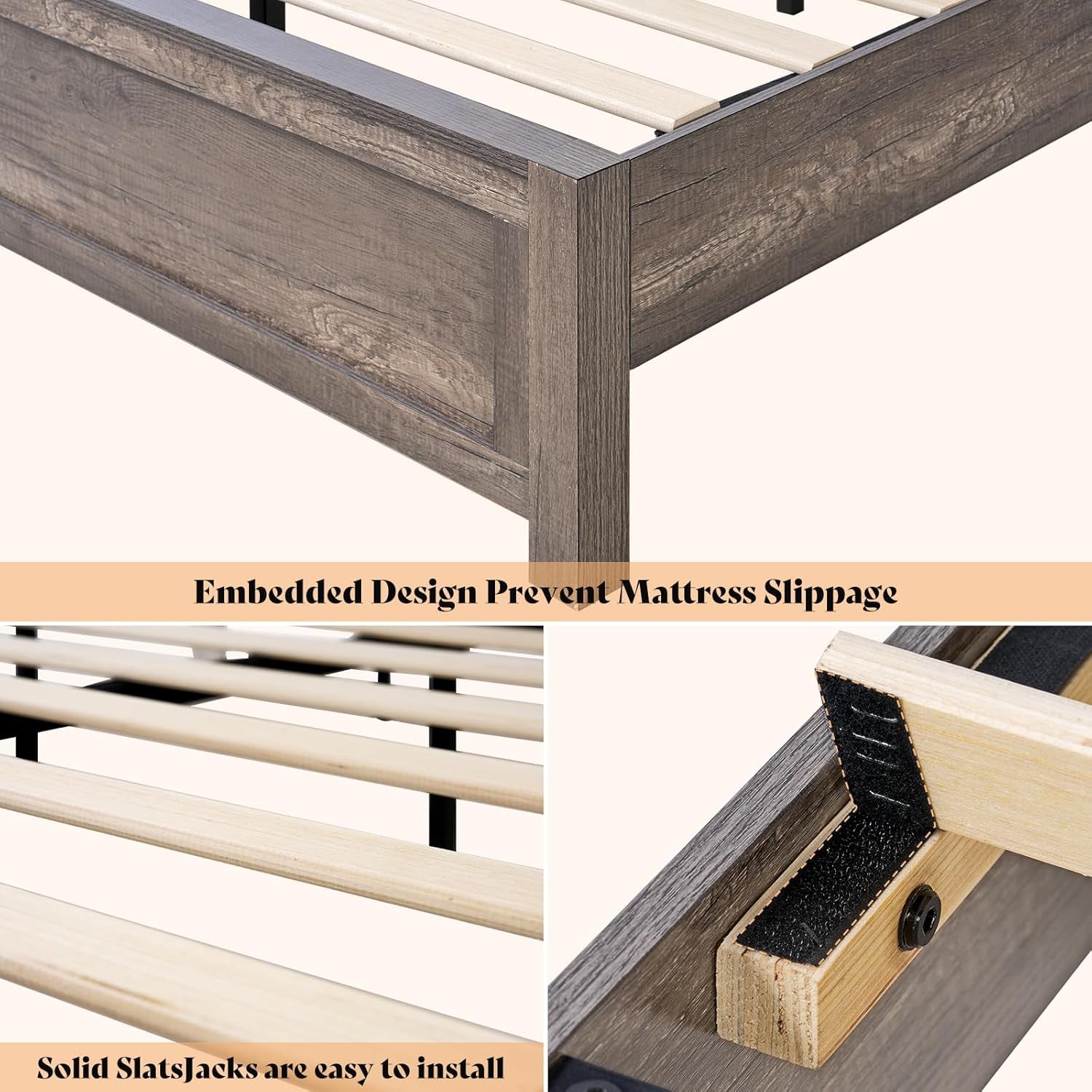 Queen Size Farmhouse Bed Frame with 49.2" Barn Door Headboard, Platform Bed Frame with Wood Slats, under Bed Storage Space, Easy Assembly, Noisy Free, Rustic Gray