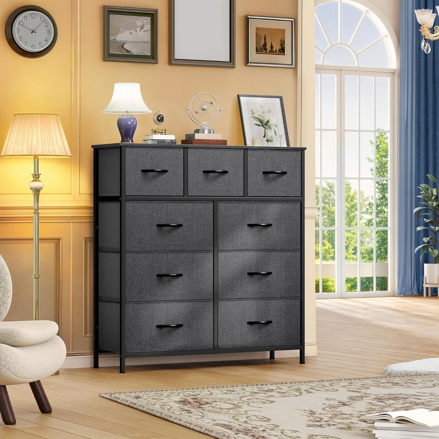 9 Drawers Dresser for Bedroom, Fabric Storage Tower for Living Room, Entryway - Sturdy Steel Frame, Wooden Top & Easy Pull Fabric Bins