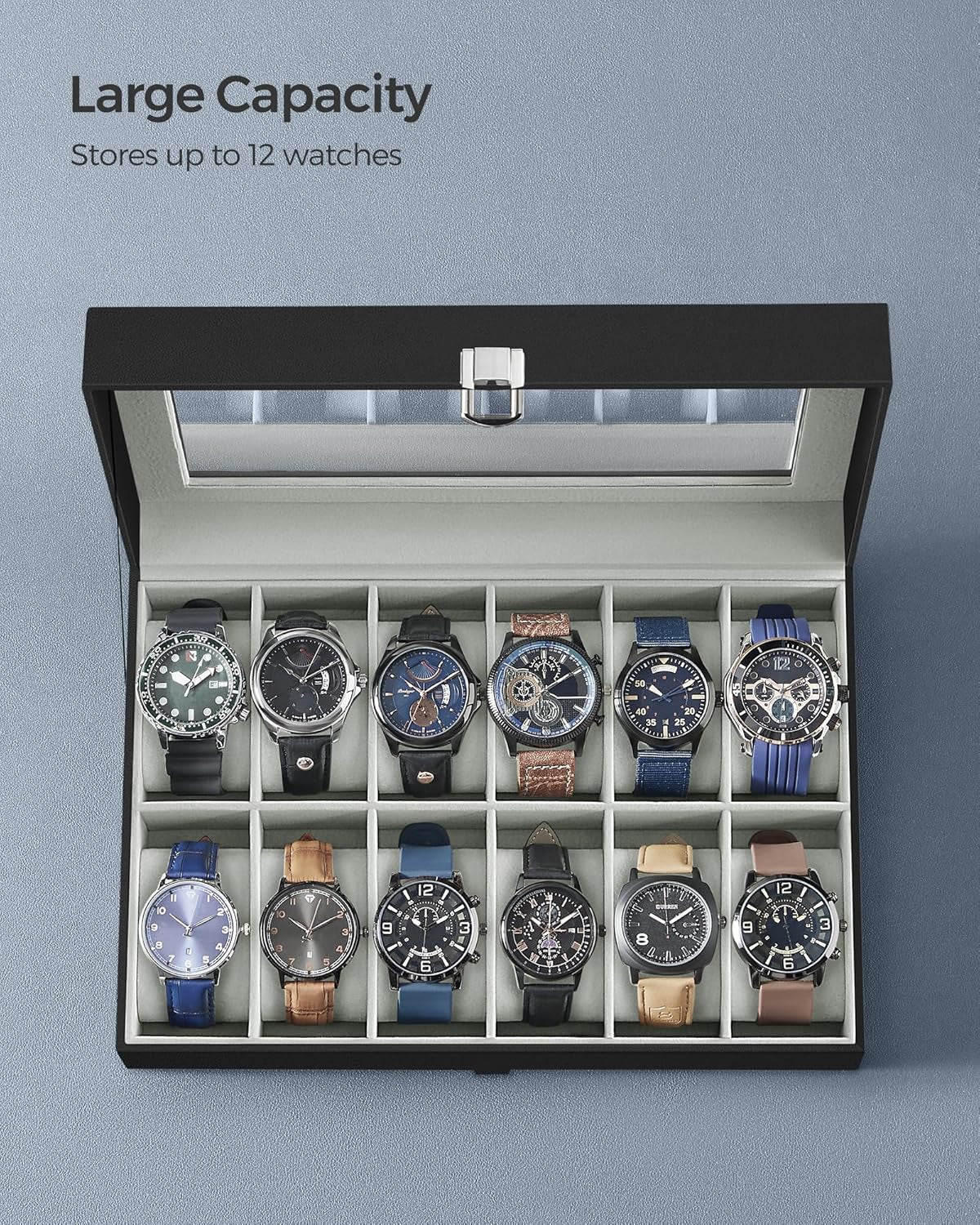 Watch Box, 12-Slot Watch Case Organizer with Large Glass Lid, Removable Pillows, Gift for Loved Ones, Black Synthetic Leather, Gray Lining UJWB12BK