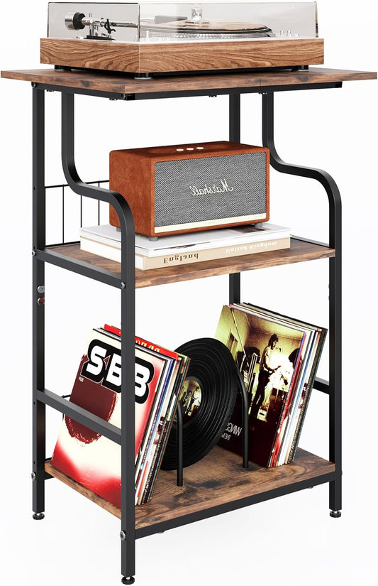 Record Player Stand, 3-Tier Record Player Table, Vinyl Record Storage with Extra-Large Desktop, Turntable Stand End Table for Vinyl Record, Record Holder for Living Room - Rustic Brown