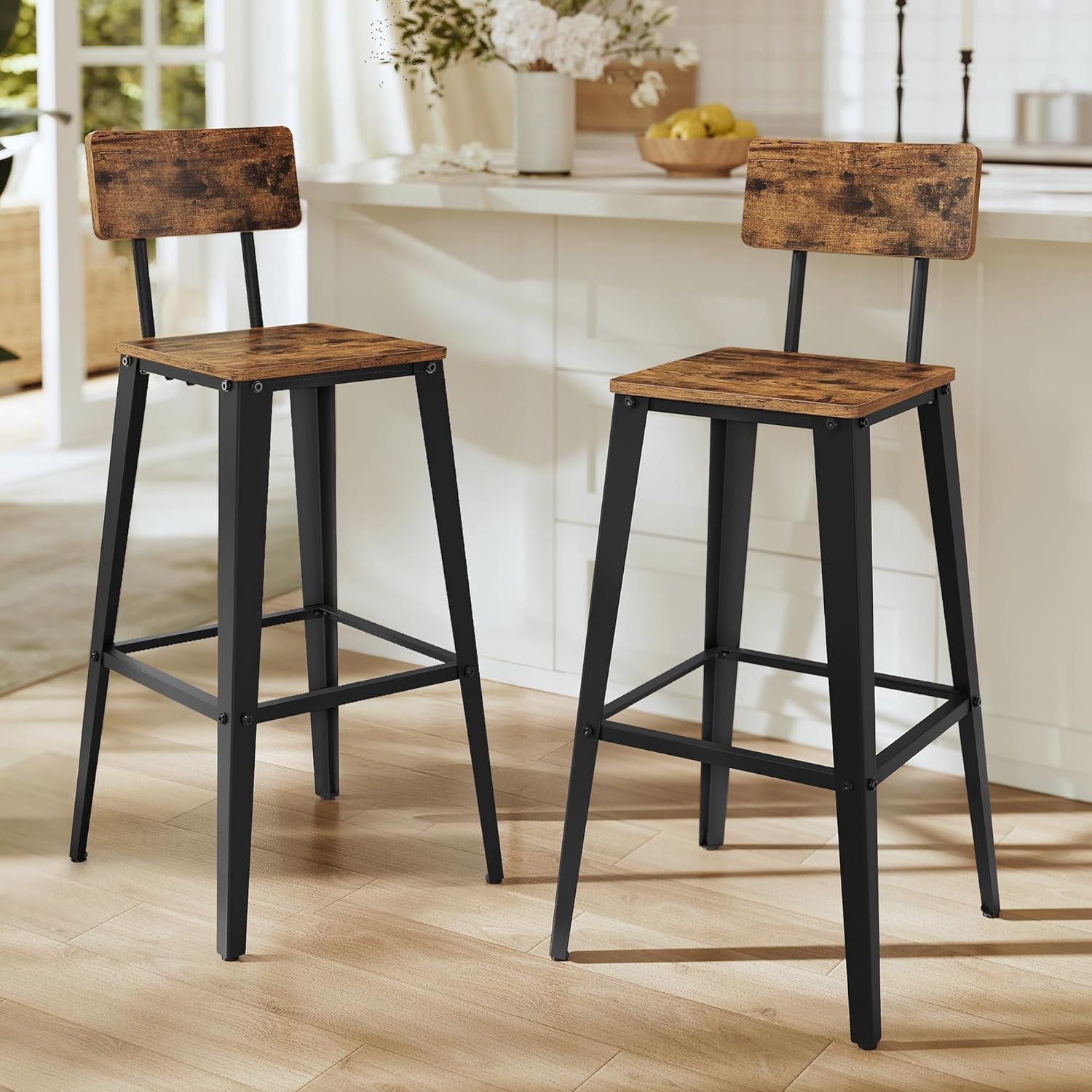 Set of 4 Bar Stools, Bar Height Stools, 29.1 Inches Tall Barstools with Back, Counter Bar Chairs for Kitchen Island, Steel Frame, Industrial Style, Easy Assembly, Rustic Brown and Ink Black