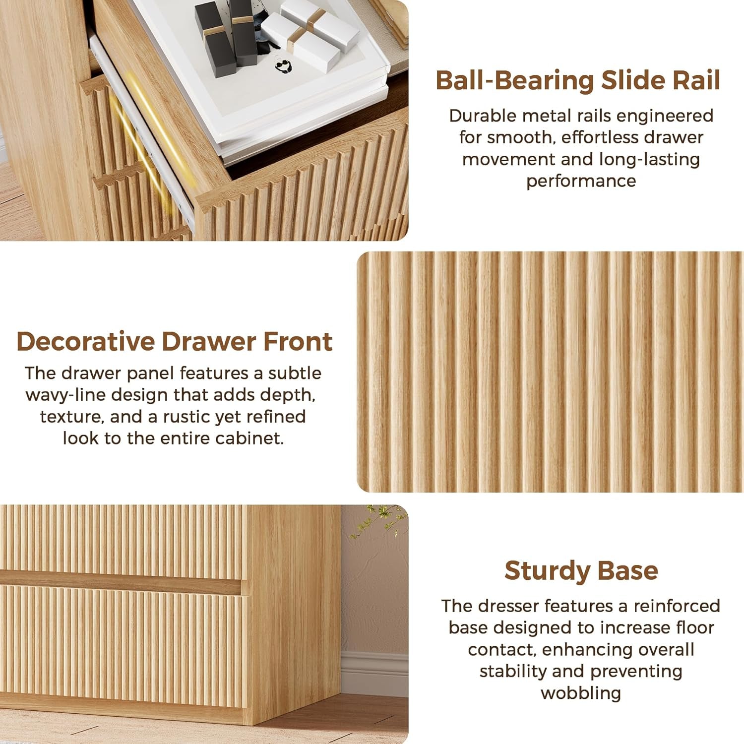 Fluted 5 Drawer Dresser for Bedroom, 43" Tall Dresser for Bedroom, Modern Fluted Chest of Drawers, Handle-Free/Floor-Mounted Wood Drawer Dresser for Living Room, Bedroom, Entryway, Hallway (Oak)