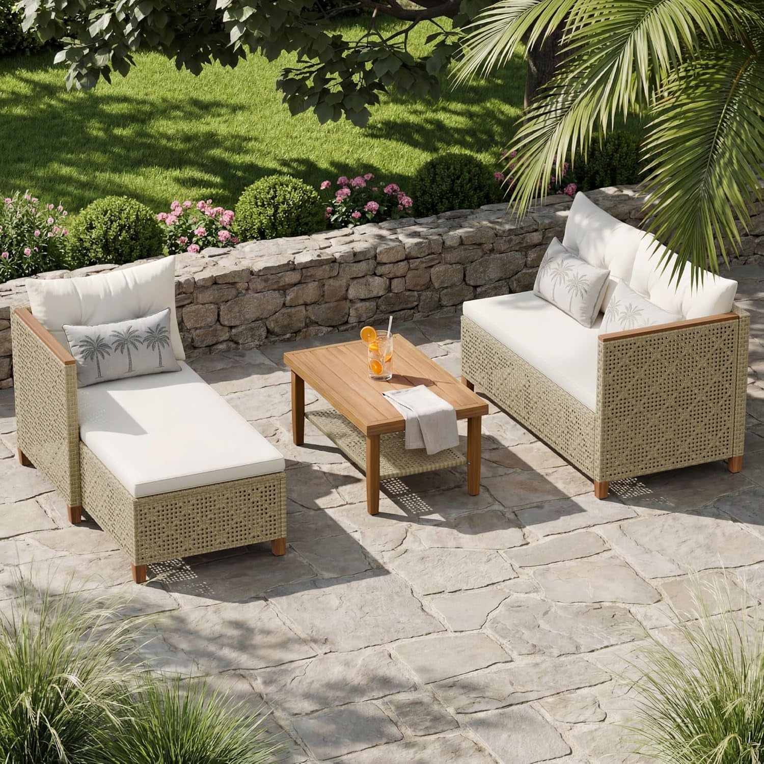 Wicker Patio Furniture Set, 3 Pieces Outdoor Sofa with Tufted Pillow,Pe Rattan Small Sectional Couch Set for Backyard, Deck,Porch & Poolside(Brown)