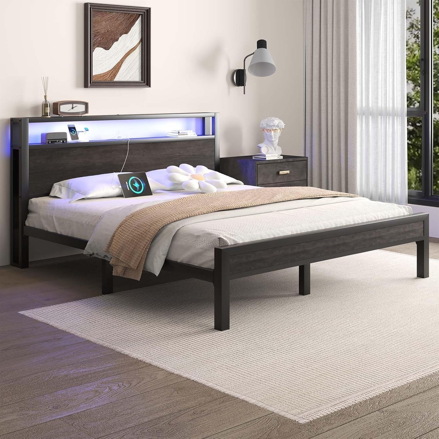 Queen Size Bed Frame with Storage Headboard and LED Lights, Industrial Platform Bed with Charging Station, Heavy Duty Metal Slats, No Box Spring Need, Noise Freee, Grey