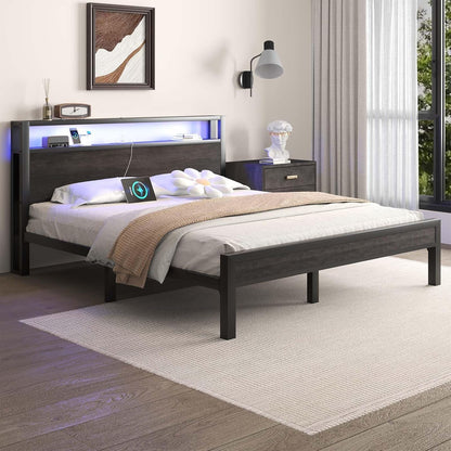 Queen Size Bed Frame with Storage Headboard and LED Lights, Industrial Platform Bed with Charging Station, Heavy Duty Metal Slats, No Box Spring Need, Noise Freee, Grey