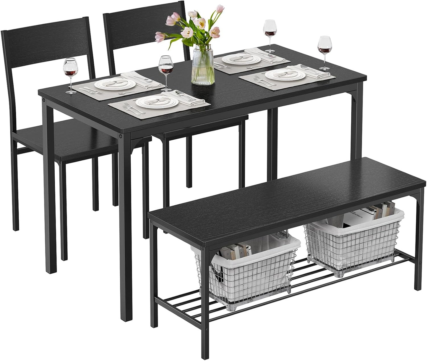 Dining Table Set, Dining Table for 4 with Bench, Kitchen Table, Space-Saving Ideal 4-Person Set for Dining Room Kitchen Apartment Corner Black 4 Pack