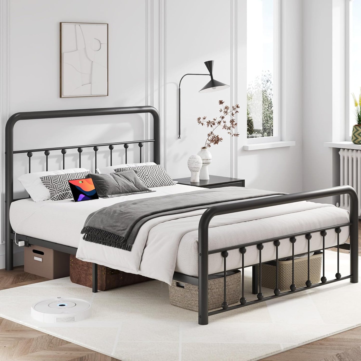 14 Inch Queen Bed Frame Classic Metal Platform Bed Frame with Charging Station & LED, Victorian Style Iron-Art Headboard/Footboard, under Bed Storage, No Box Spring Needed, Noise Free